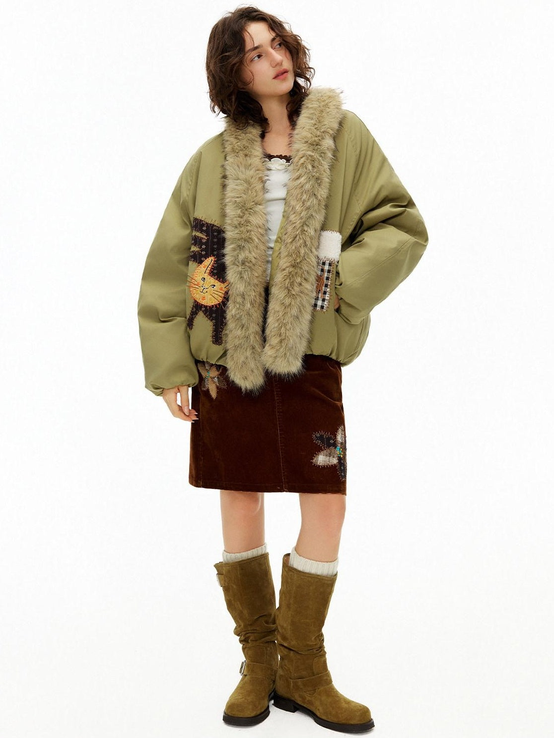OuttheBlue 90% White Duck Down Warm Short High Waist Floral Embroidery Women Down Jackets