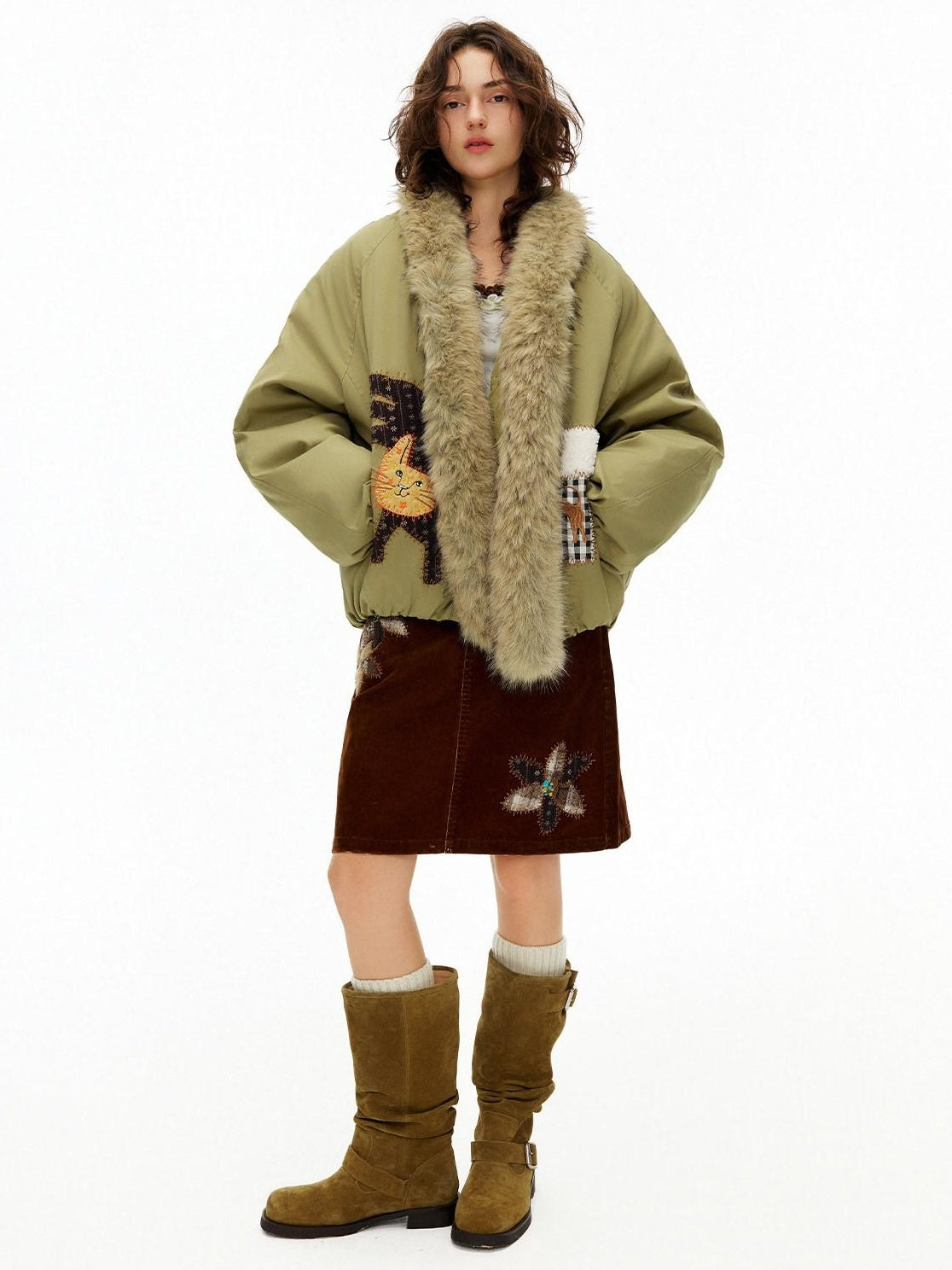 OuttheBlue 90% White Duck Down Warm Short High Waist Floral Embroidery Women Down Jackets