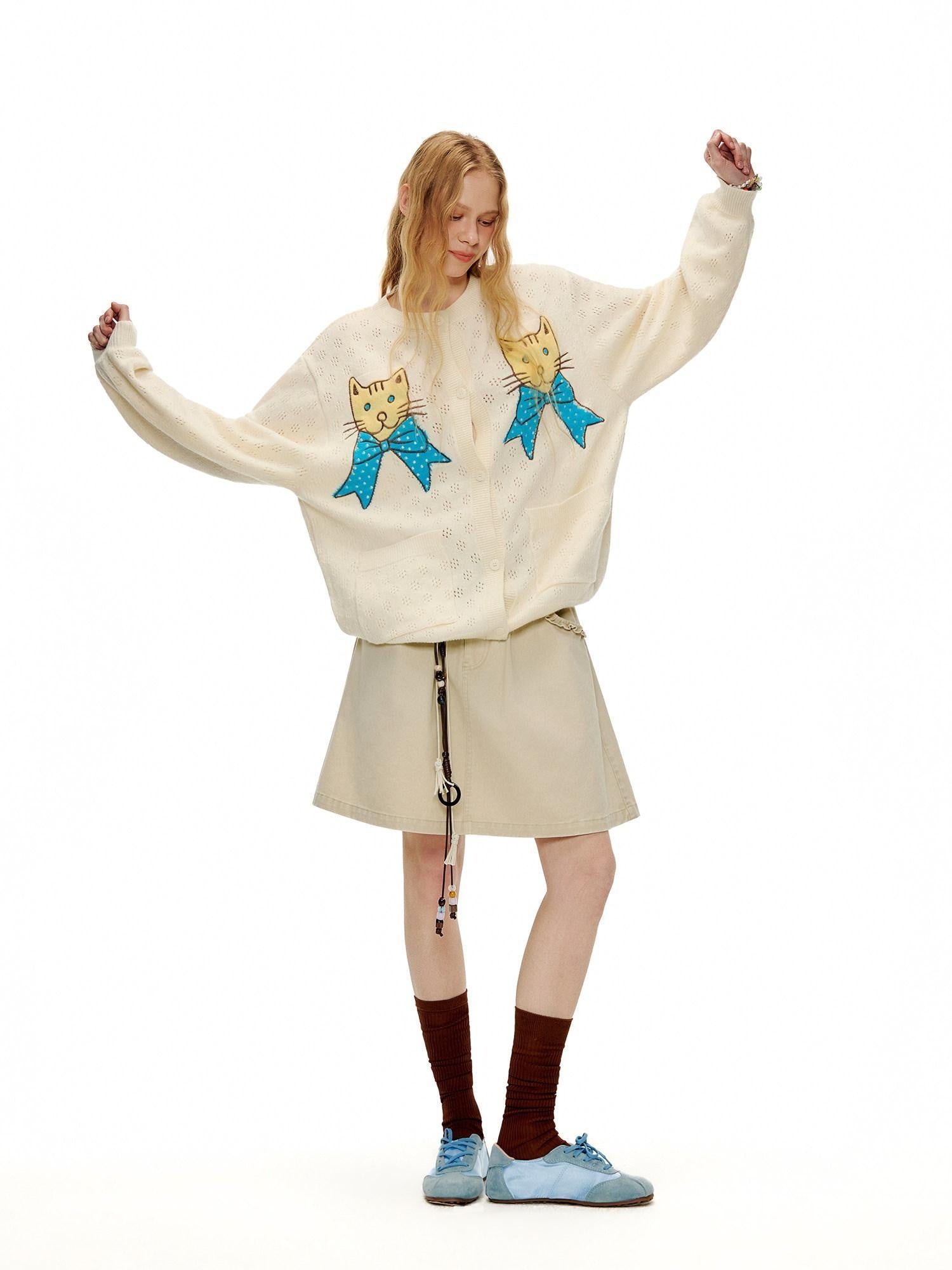 OuttheBlue Animal Embroidered Casual Buttoned Cardigan Regular Womens Beige Acrylic Sweater