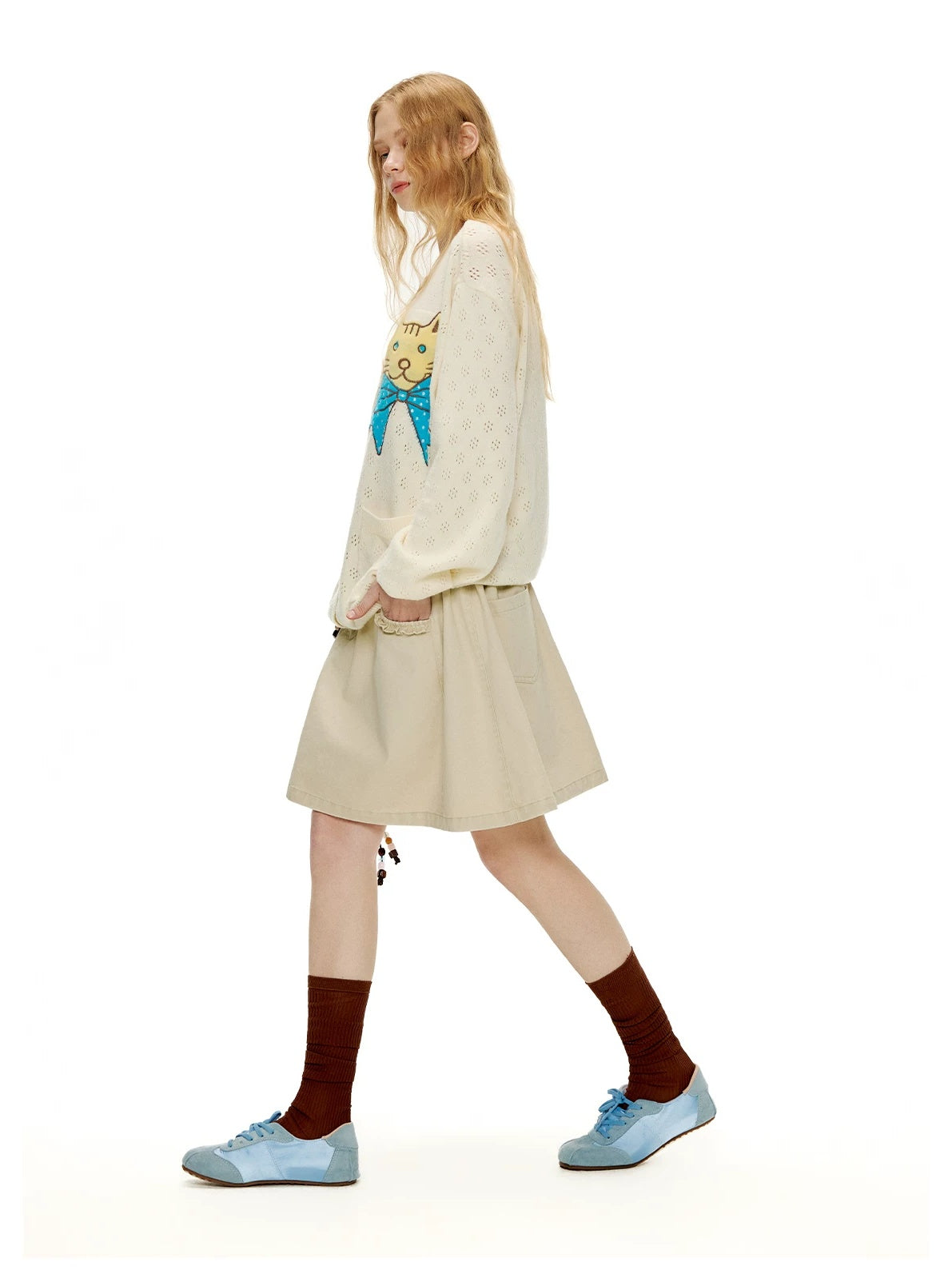 OuttheBlue Animal Embroidered Casual Buttoned Cardigan Regular Womens Beige Acrylic Sweater