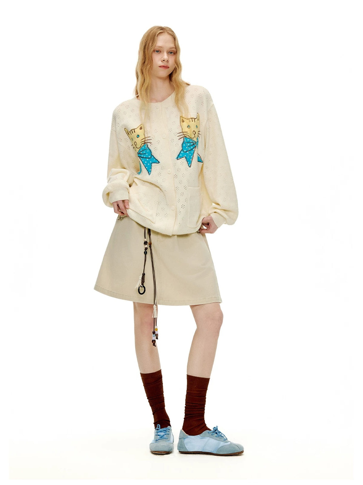 OuttheBlue Animal Embroidered Casual Buttoned Cardigan Regular Womens Beige Acrylic Sweater