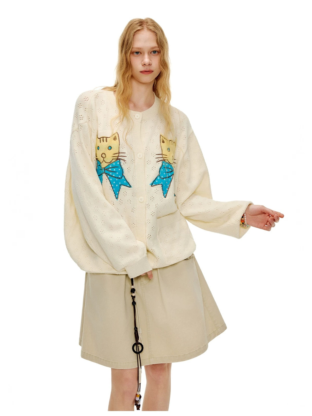 OuttheBlue Animal Embroidered Casual Buttoned Cardigan Regular Womens Beige Acrylic Sweater