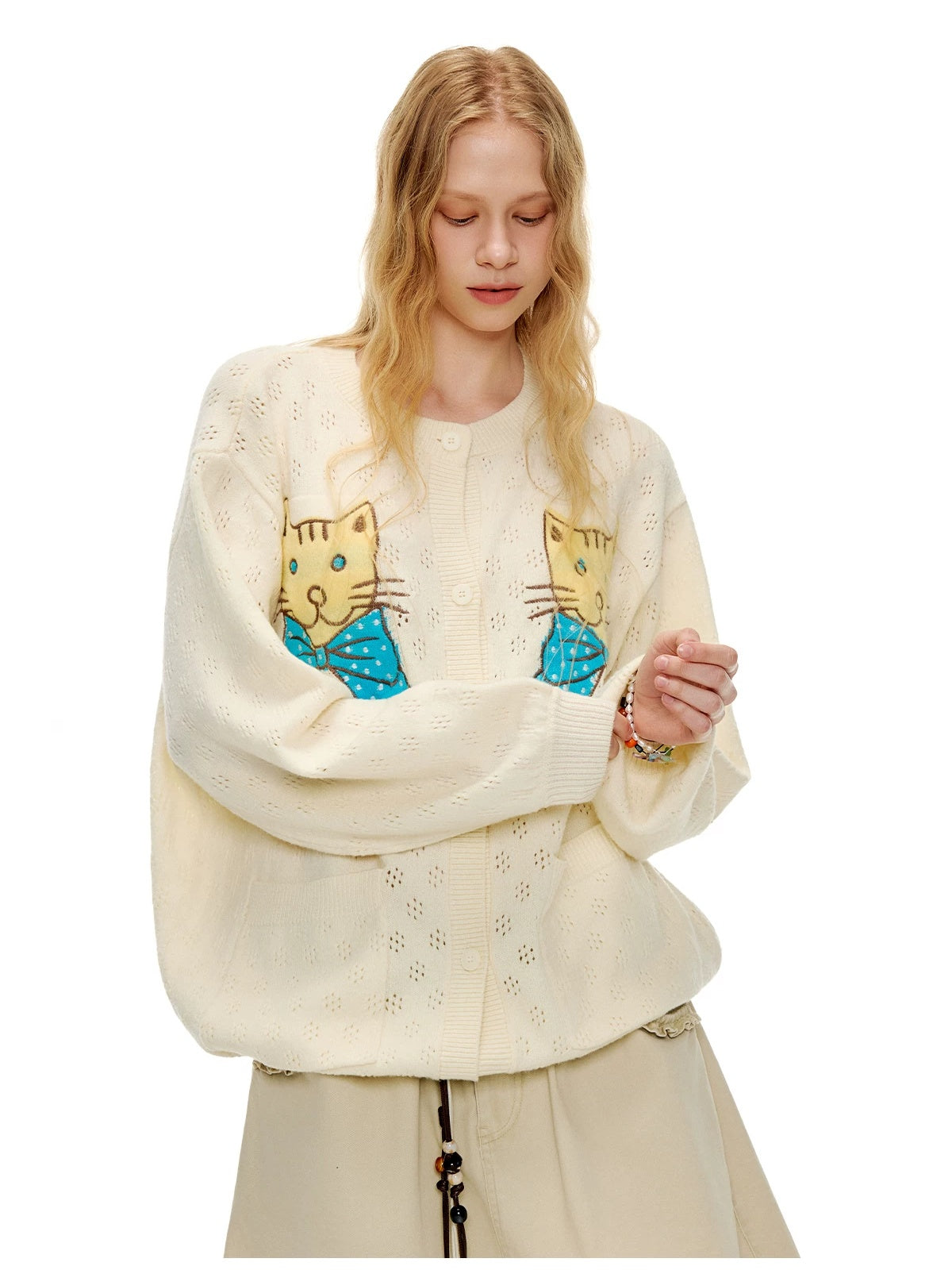 OuttheBlue Animal Embroidered Casual Buttoned Cardigan Regular Womens Beige Acrylic Sweater