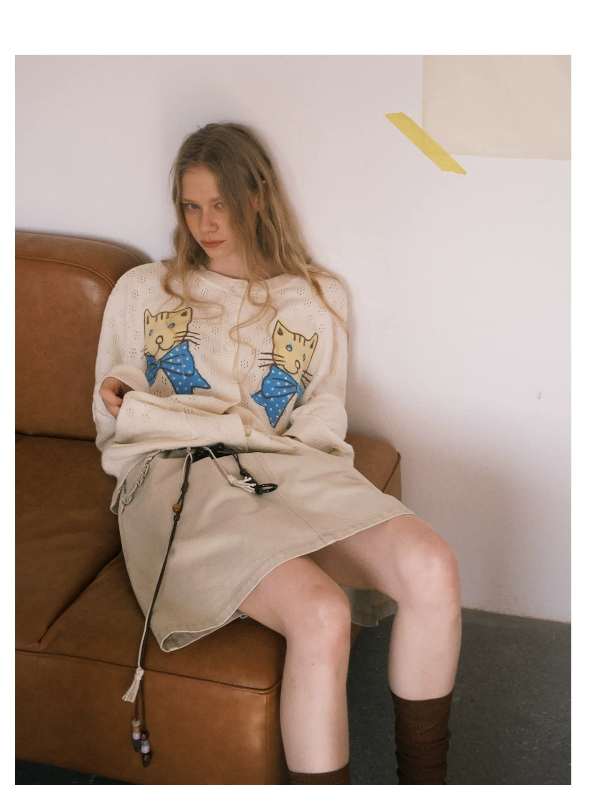 OuttheBlue Animal Embroidered Casual Buttoned Cardigan Regular Womens Beige Acrylic Sweater