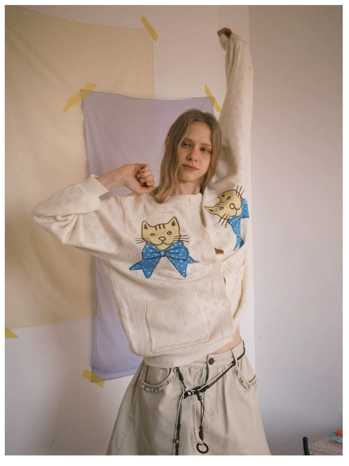 OuttheBlue Animal Embroidered Casual Buttoned Cardigan Regular Womens Beige Acrylic Sweater