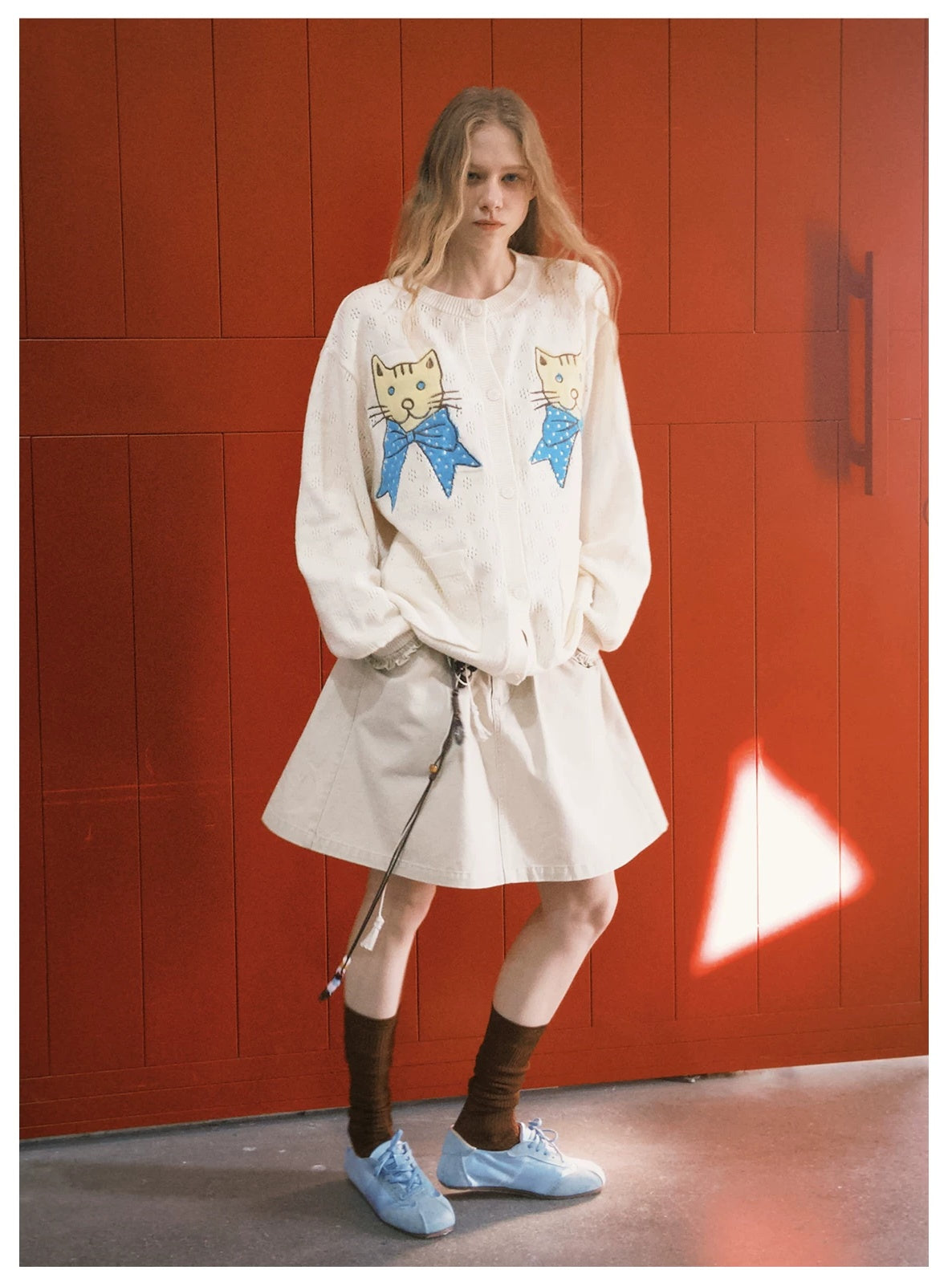 OuttheBlue Animal Embroidered Casual Buttoned Cardigan Regular Womens Beige Acrylic Sweater