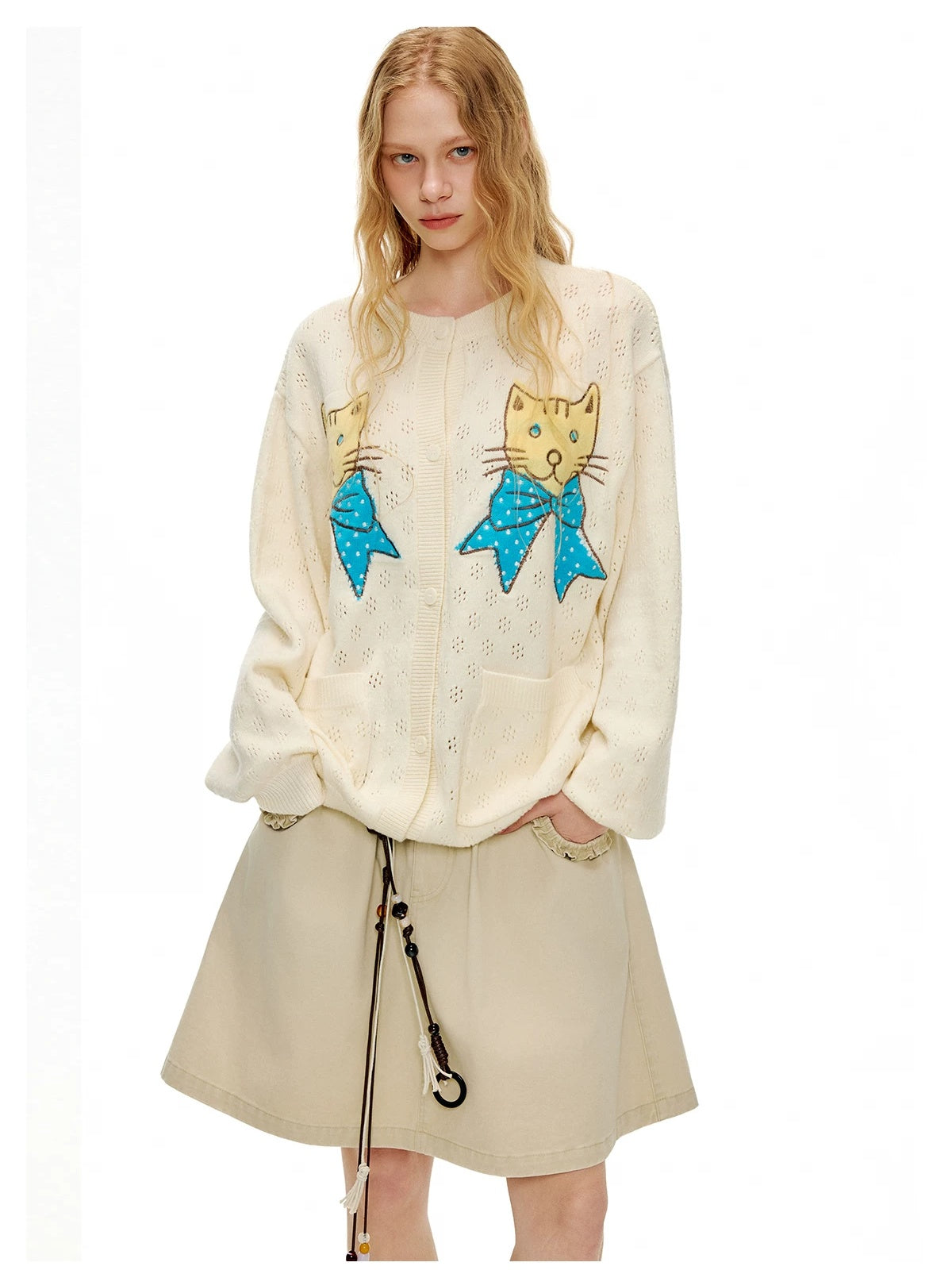 OuttheBlue Animal Embroidered Casual Buttoned Cardigan Regular Womens Beige Acrylic Sweater