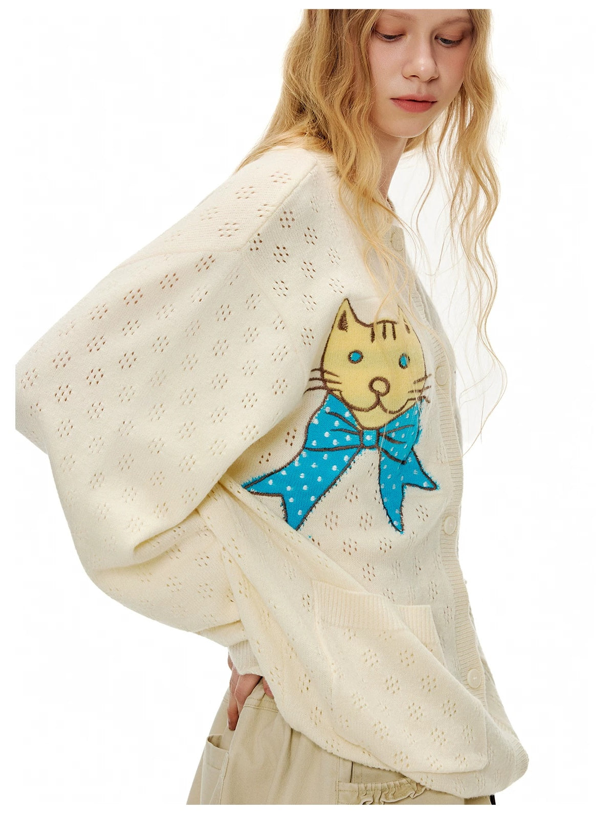 OuttheBlue Animal Embroidered Casual Buttoned Cardigan Regular Womens Beige Acrylic Sweater