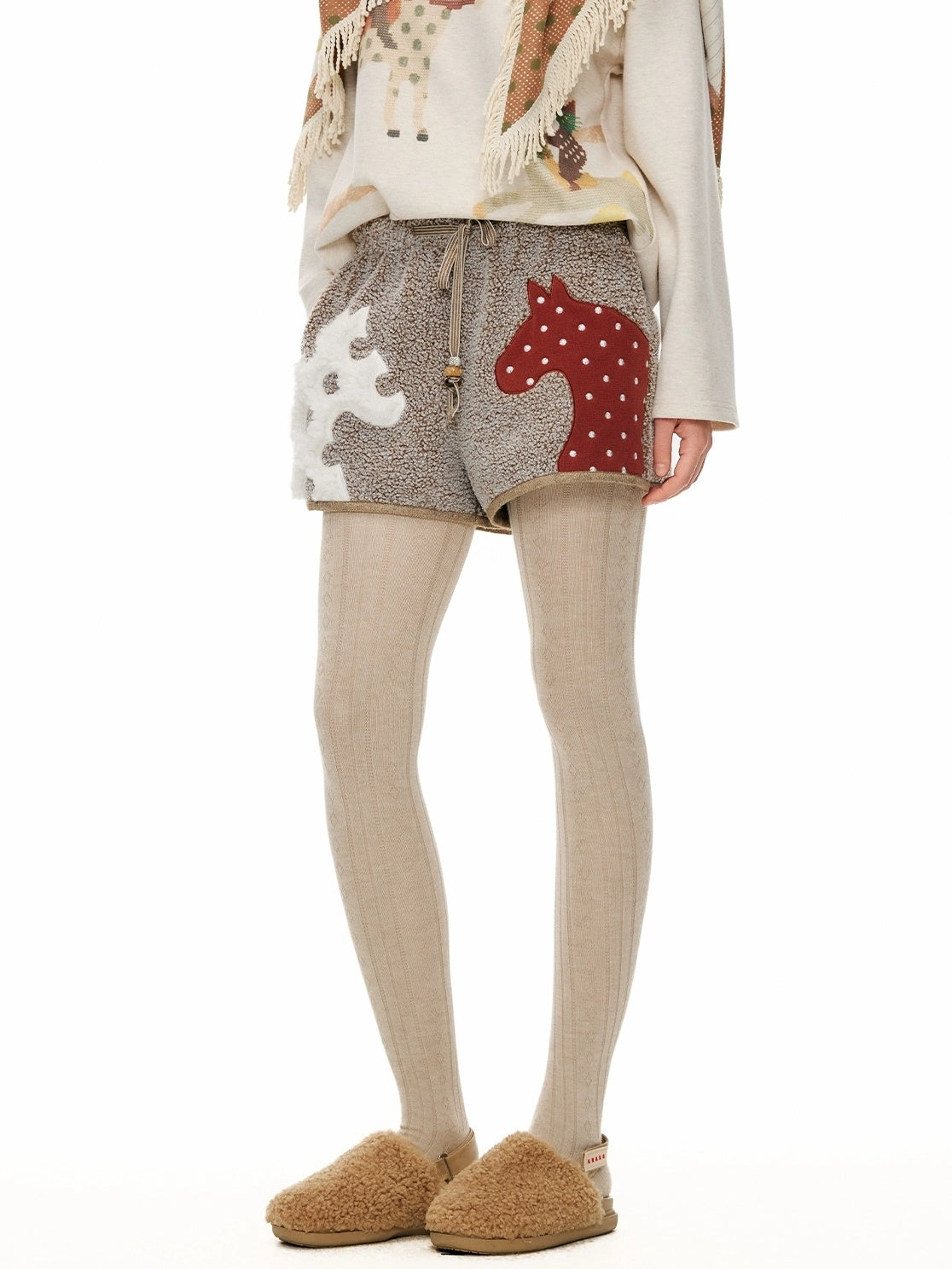 OuttheBlue Animal Print Applique Casual Drawstring Mid Rise Relaxed Women Mocha Pants