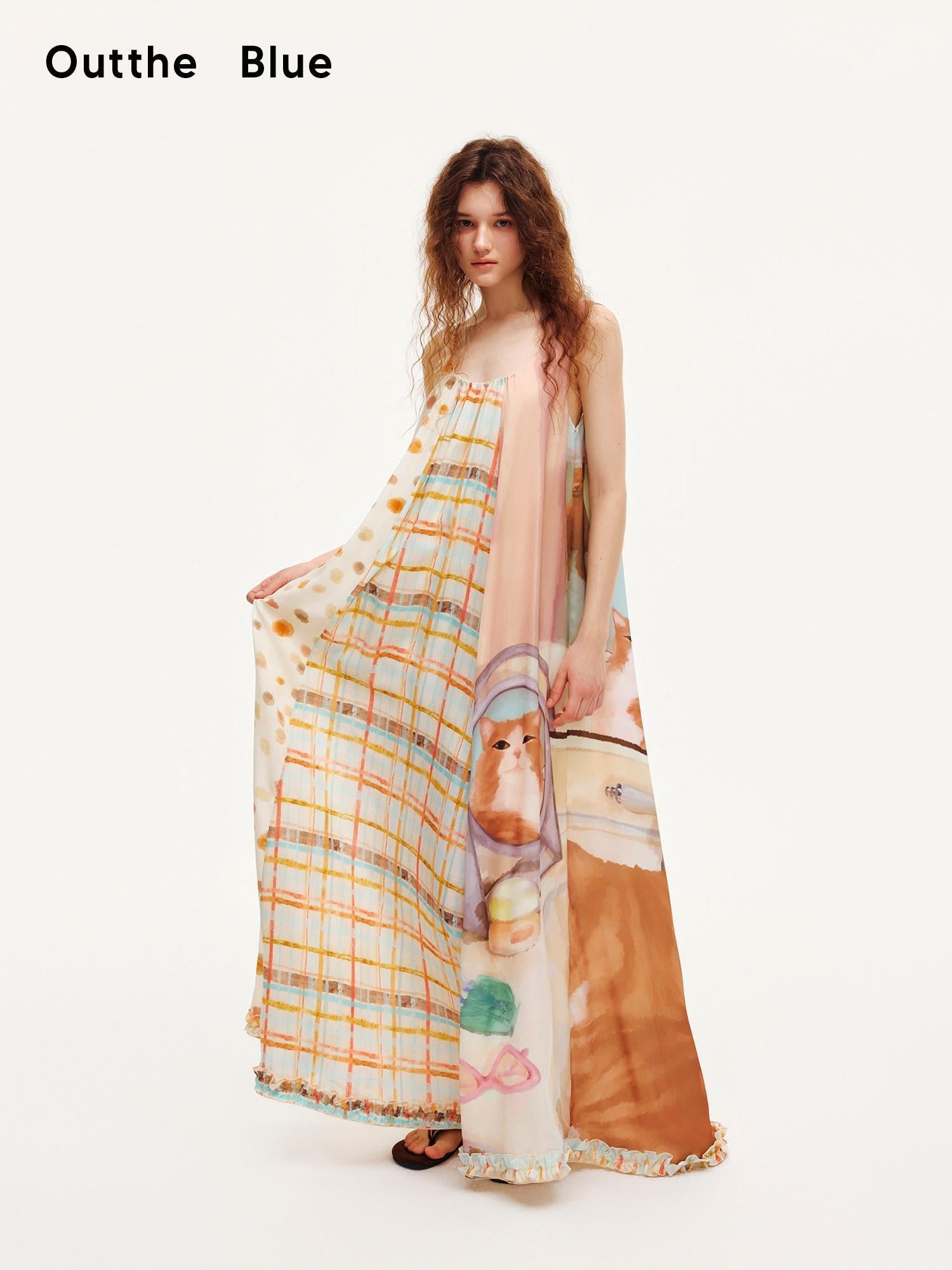 OuttheBlue Apricot Ruffle Splice U Neck A Line Women&