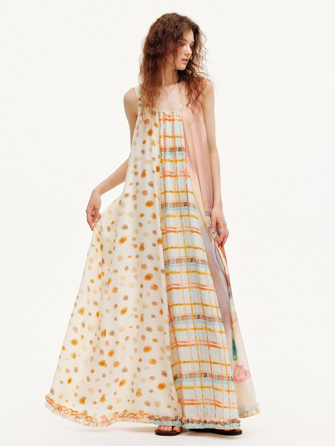 OuttheBlue Apricot Ruffle Splice U Neck A Line Women&