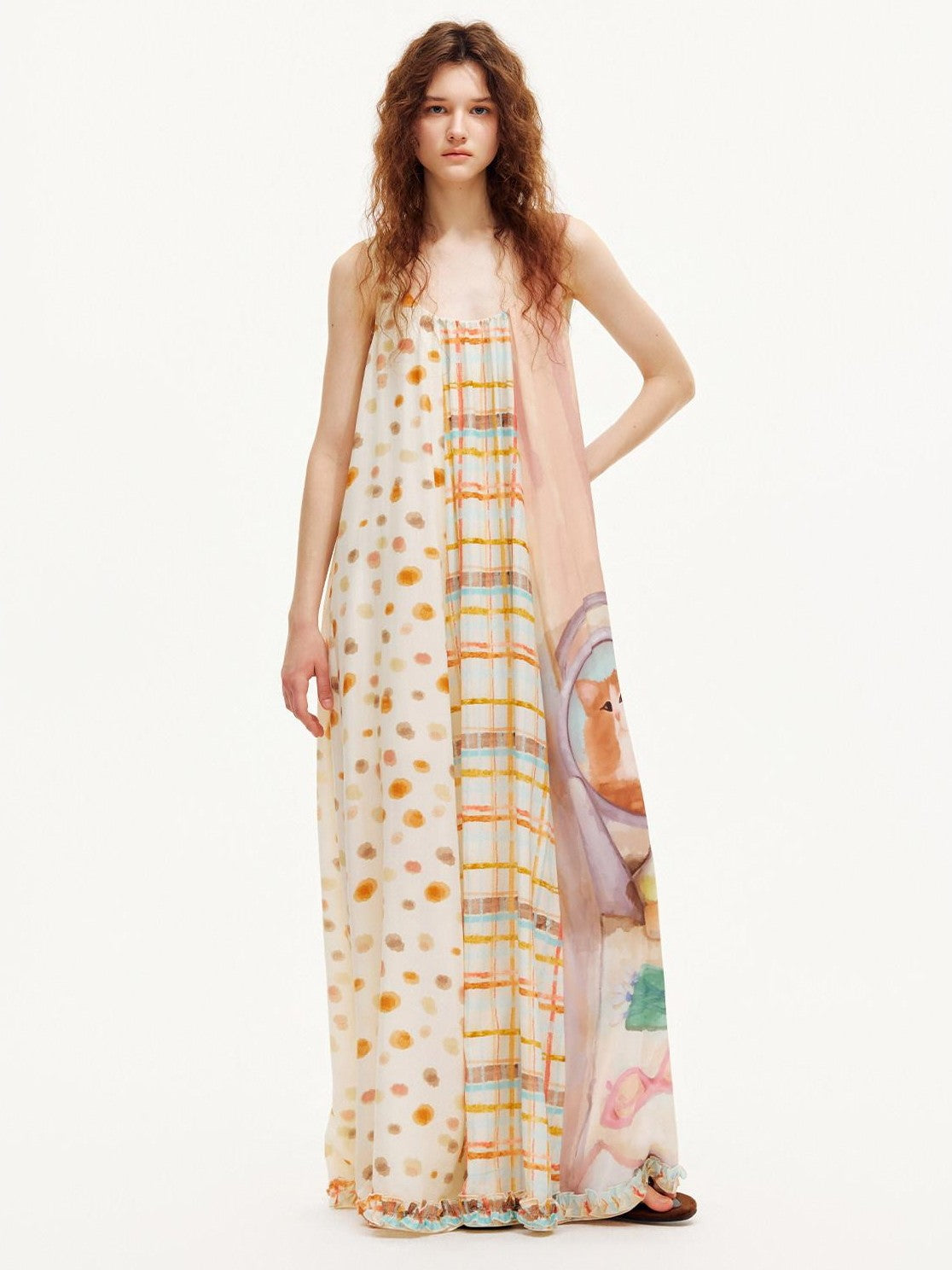 OuttheBlue Apricot Ruffle Splice U Neck A Line Women&