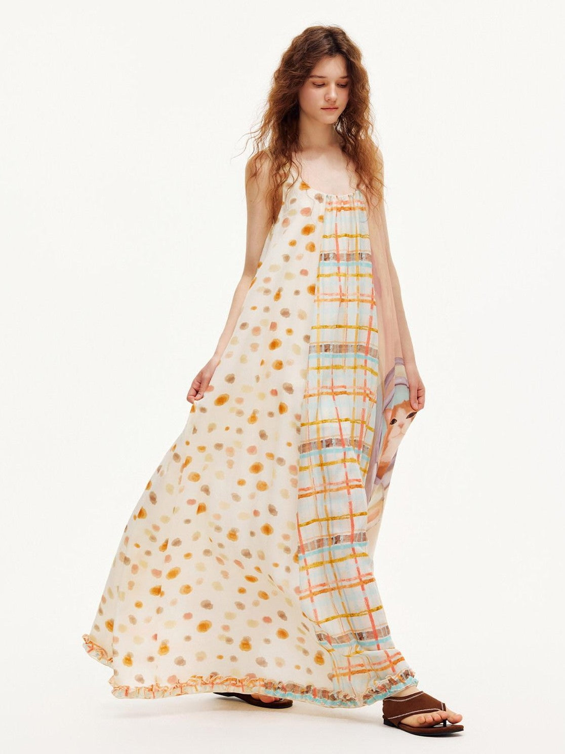 OuttheBlue Apricot Ruffle Splice U Neck A Line Women&