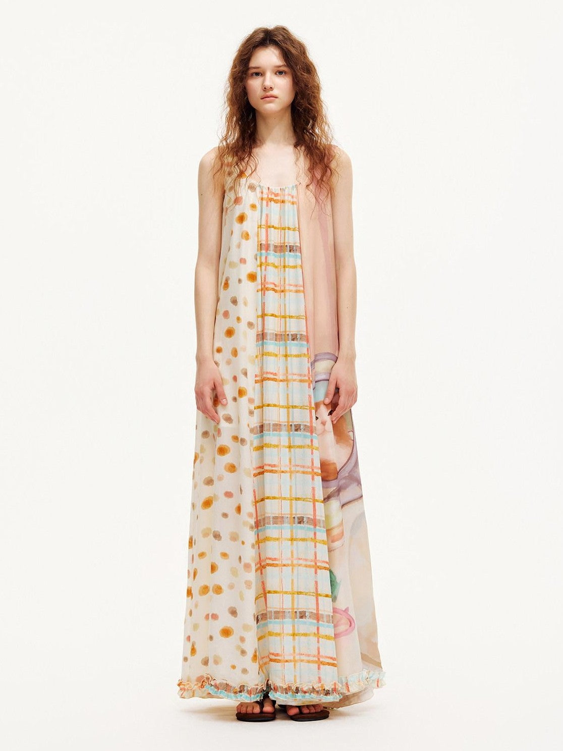 OuttheBlue Apricot Ruffle Splice U Neck A Line Women&