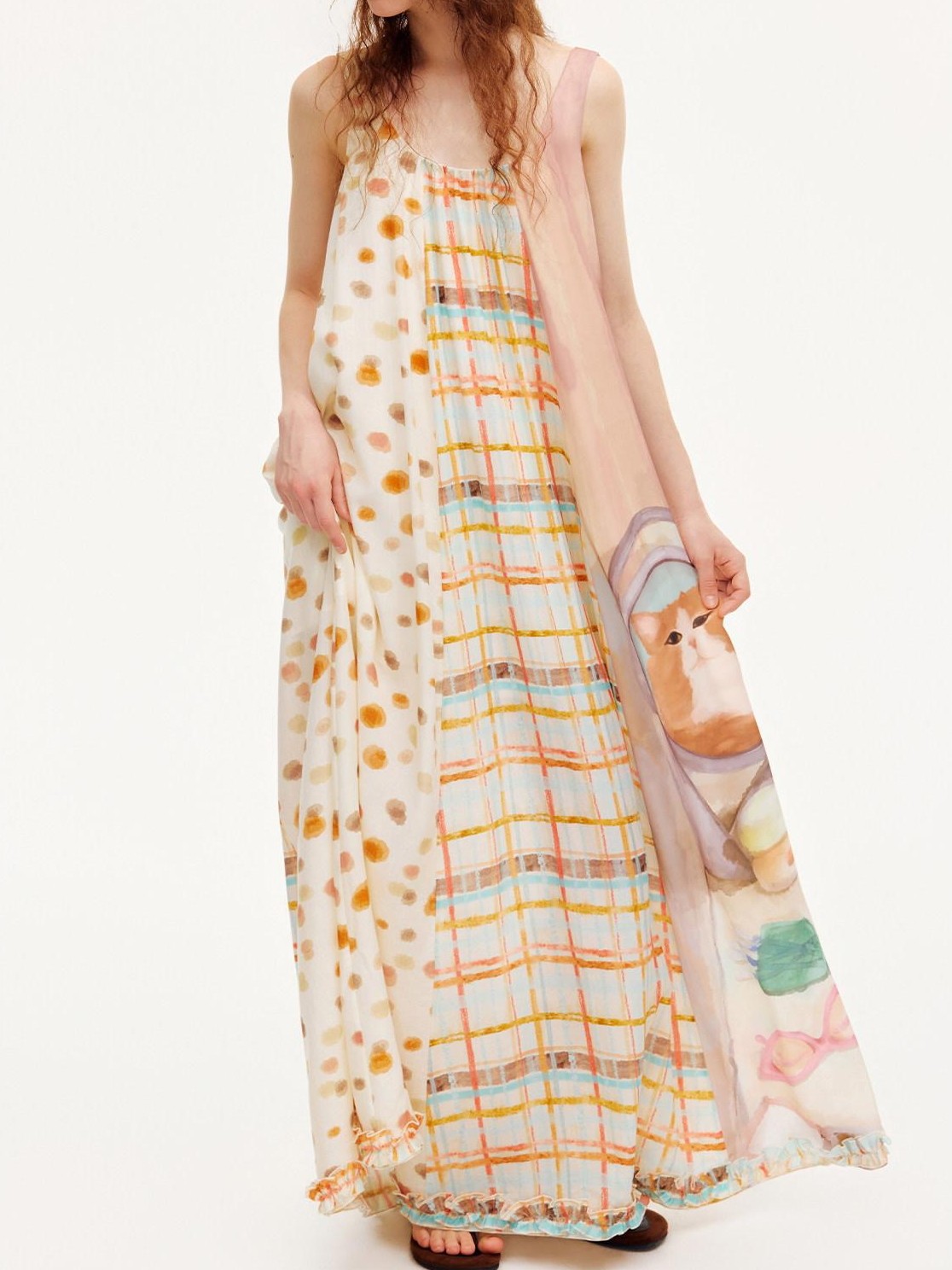 OuttheBlue Apricot Ruffle Splice U Neck A Line Women&