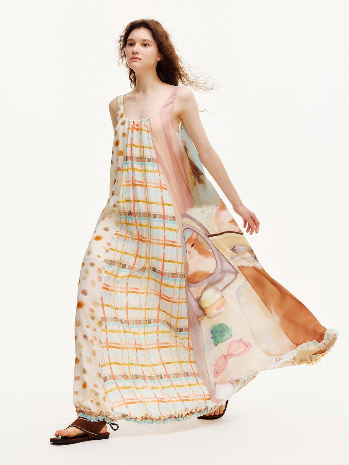 OuttheBlue Apricot Ruffle Splice U Neck A Line Women&