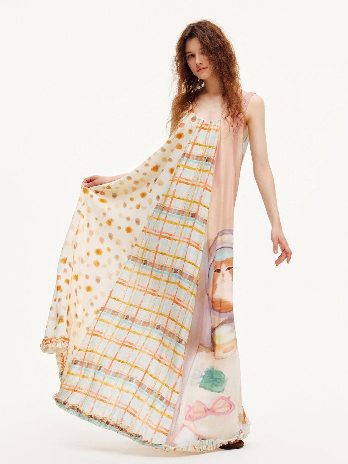 OuttheBlue Apricot Ruffle Splice U Neck A Line Women&