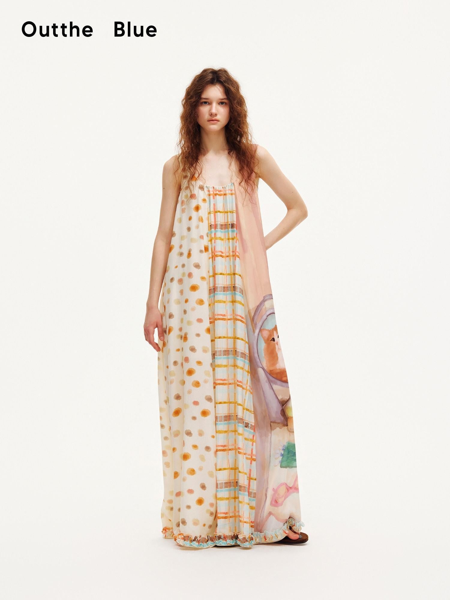 OuttheBlue Apricot Ruffle Splice U Neck A Line Women&