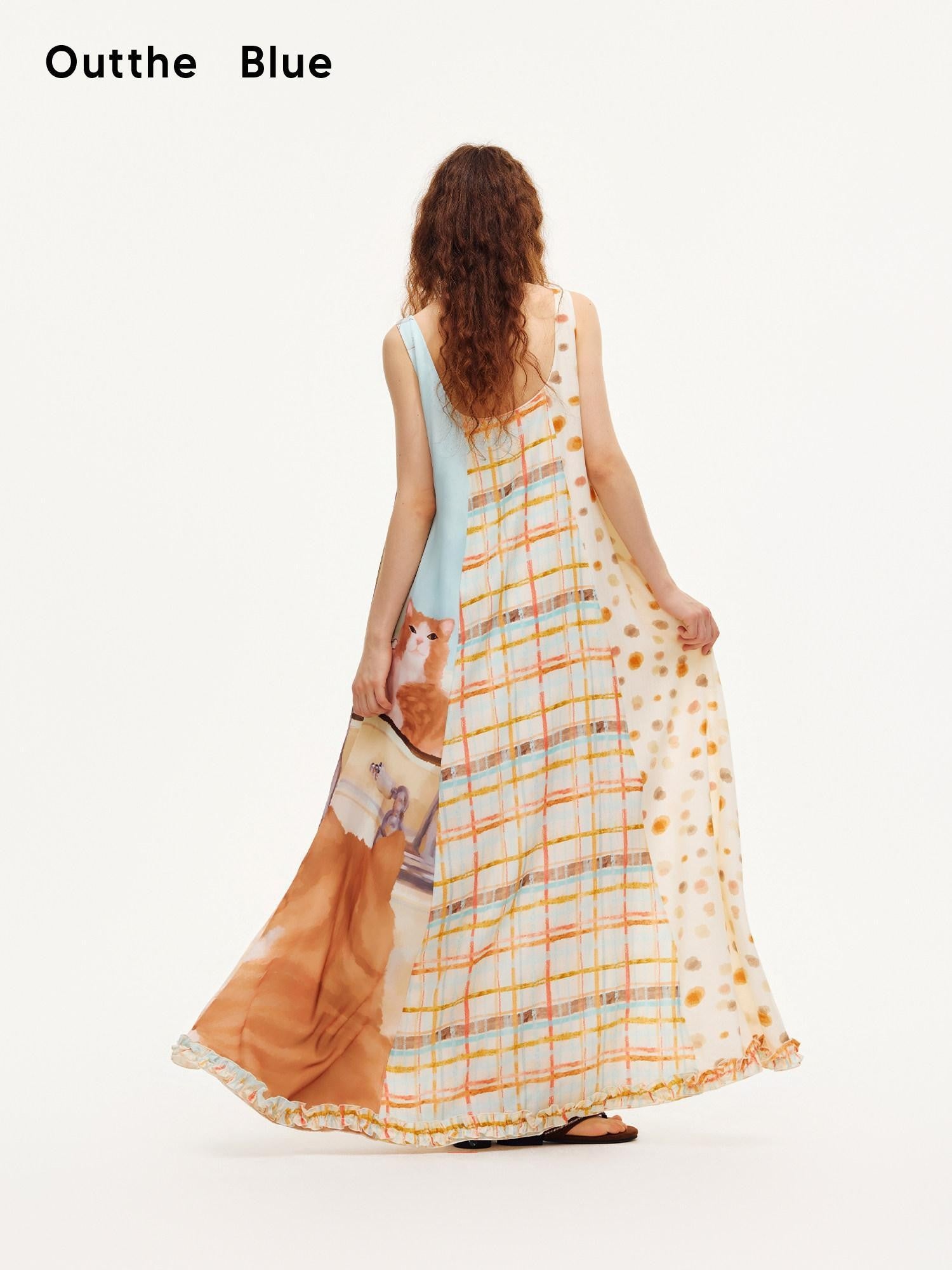 OuttheBlue Apricot Ruffle Splice U Neck A Line Women&