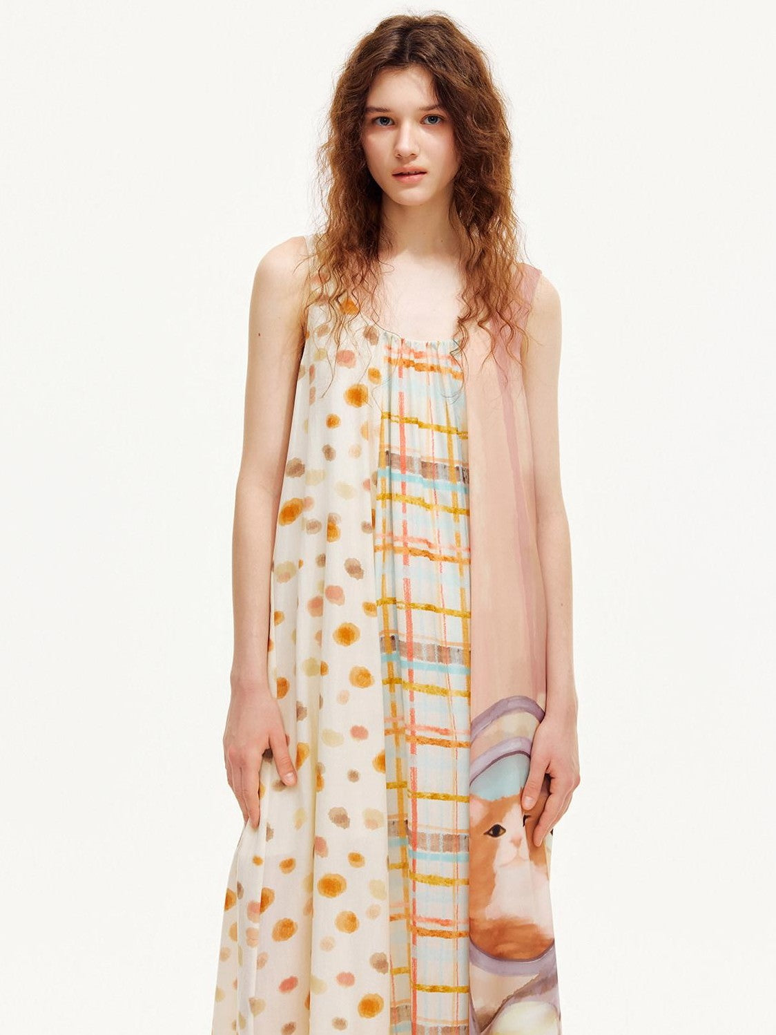 OuttheBlue Apricot Ruffle Splice U Neck A Line Women&