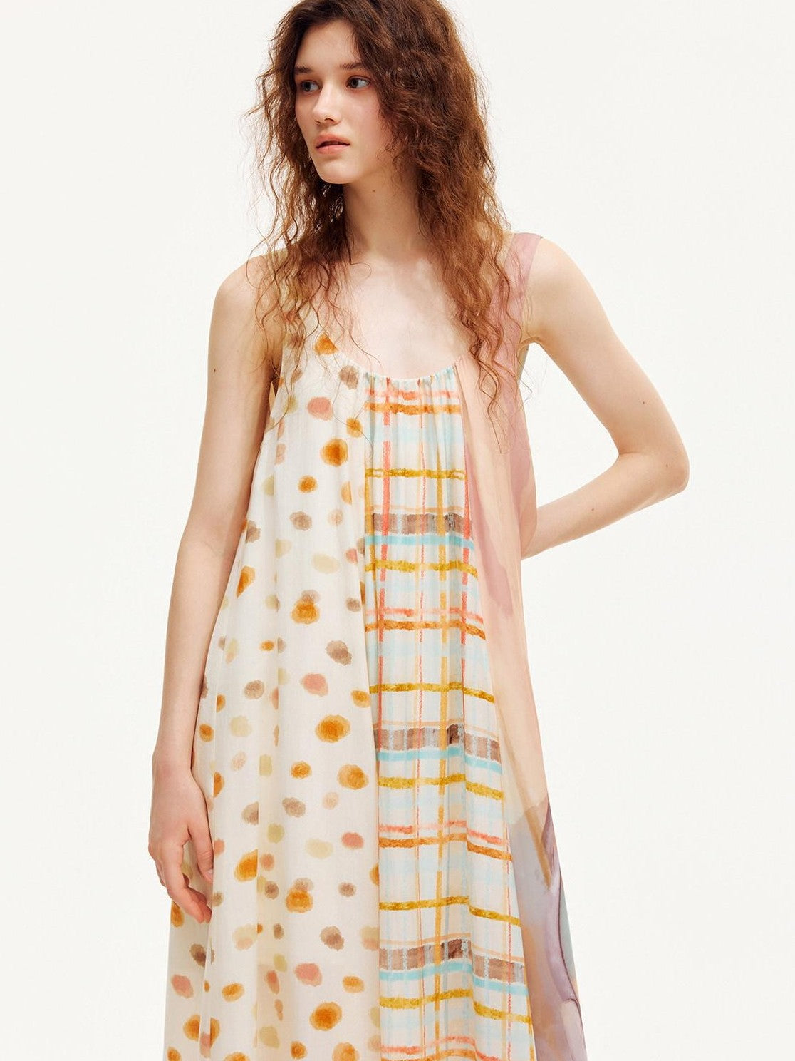 OuttheBlue Apricot Ruffle Splice U Neck A Line Women&