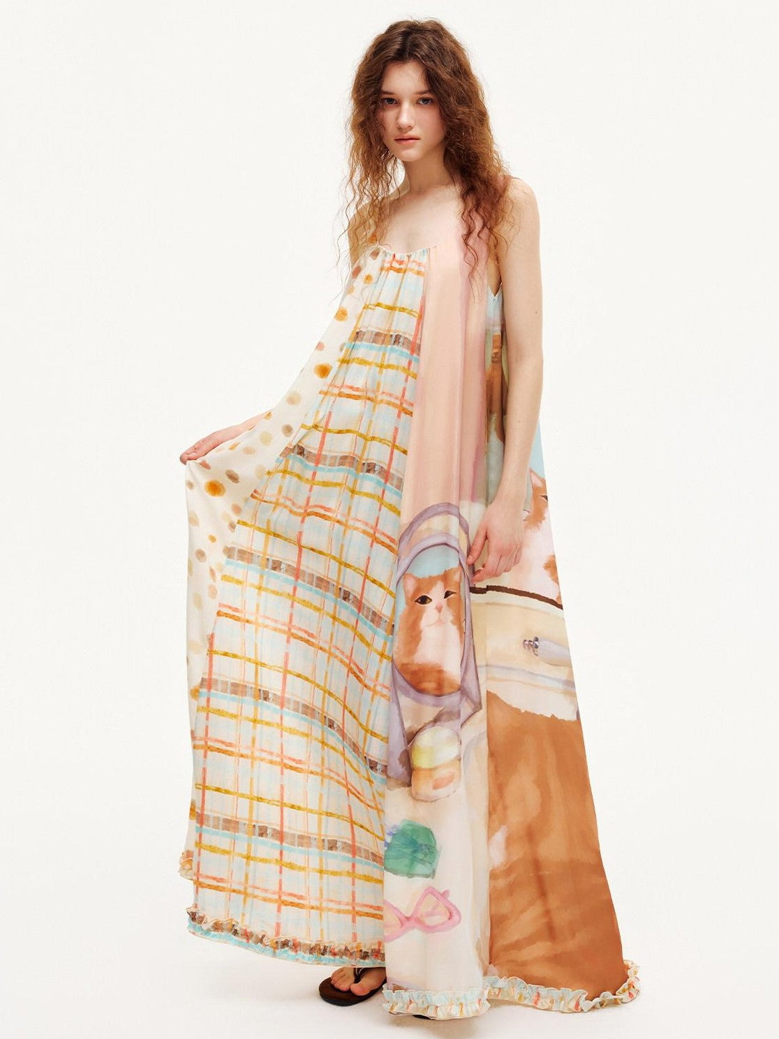 OuttheBlue Apricot Ruffle Splice U Neck A Line Women&