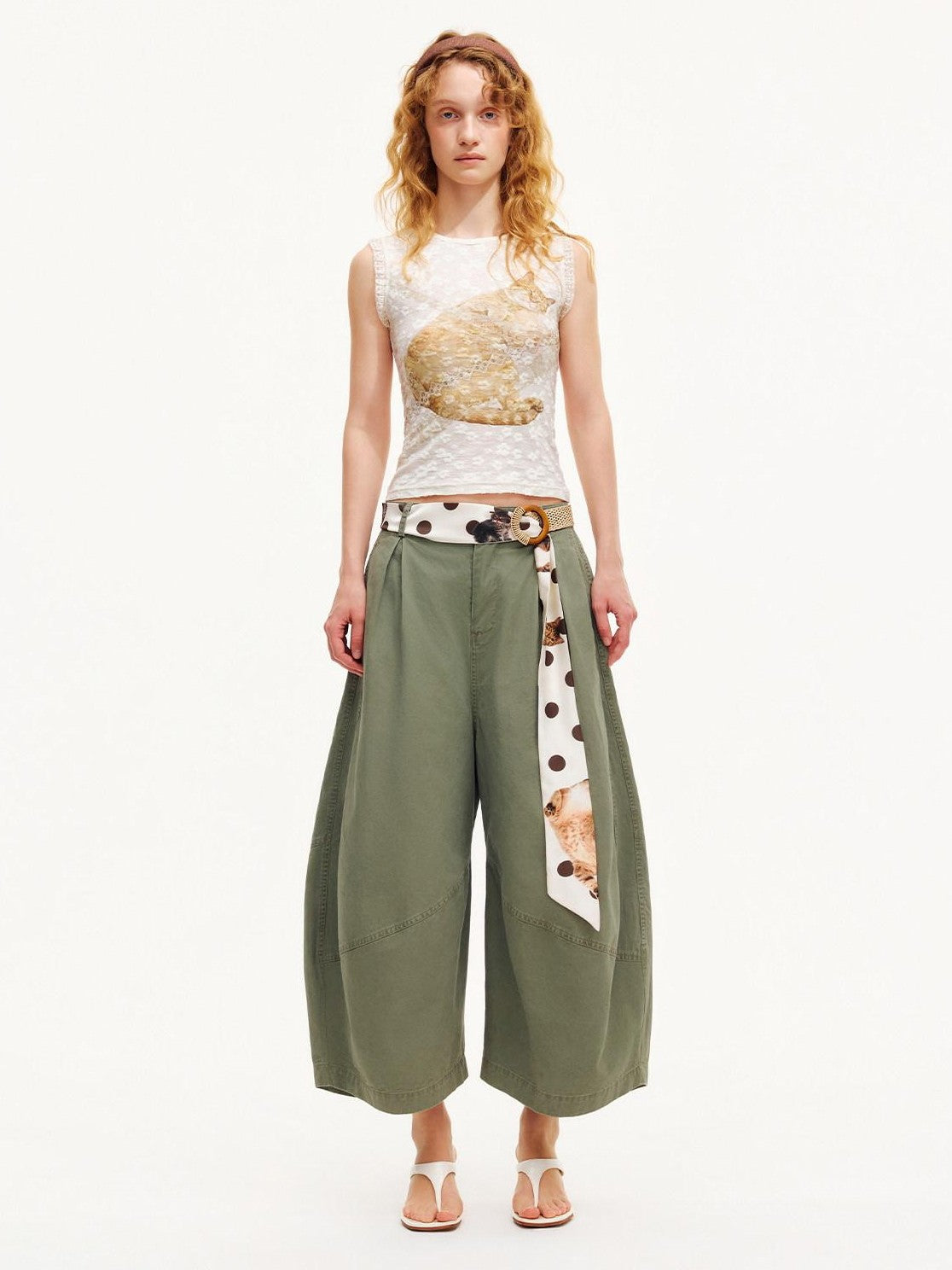 OuttheBlue Army Green Pleated Washed Cargo Octagonal Wide Women&