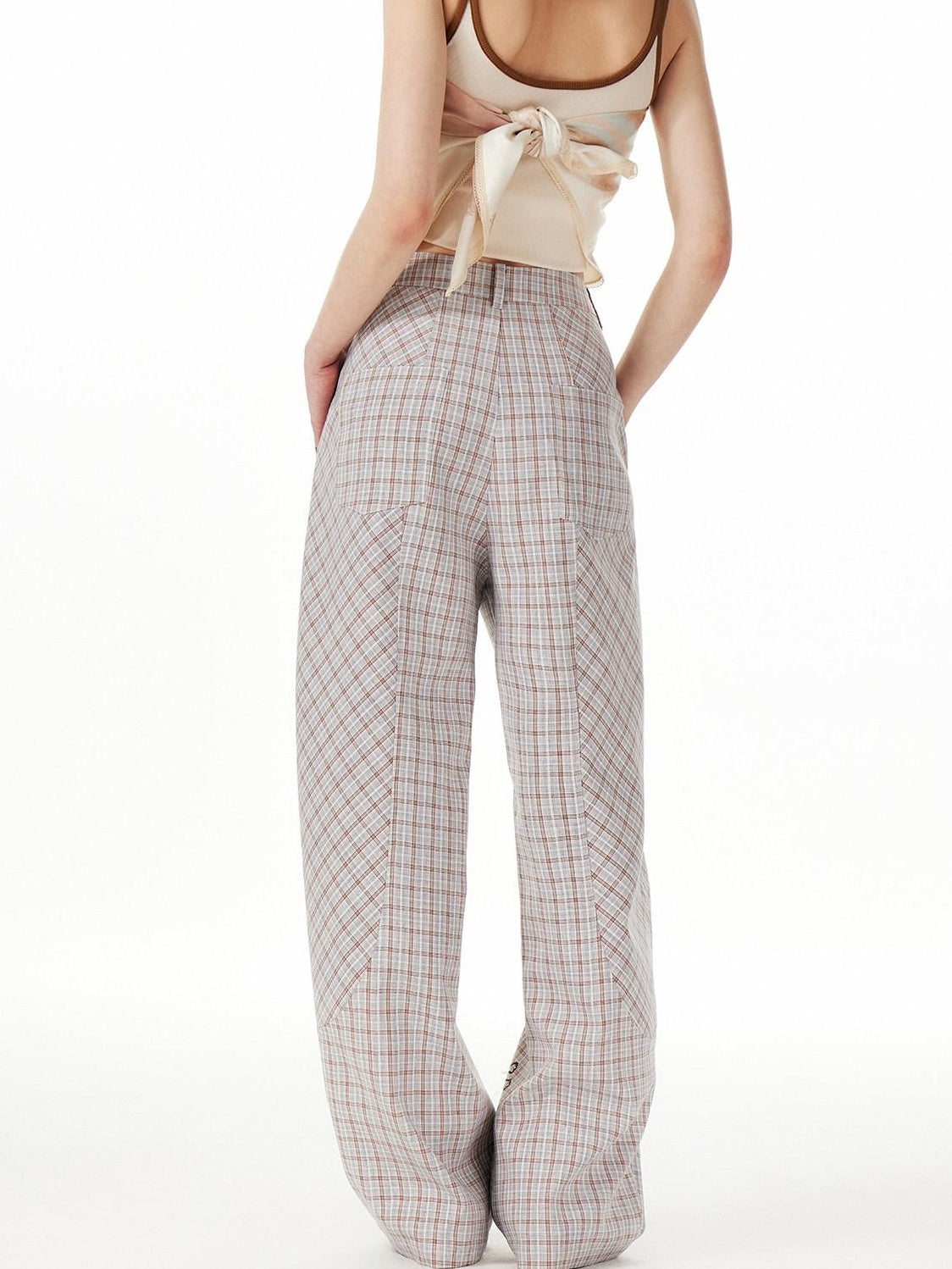 OuttheBlue Asymmetric Plaid Curved Leg Relaxed Pockets Button Fly Womens Polyester Pants