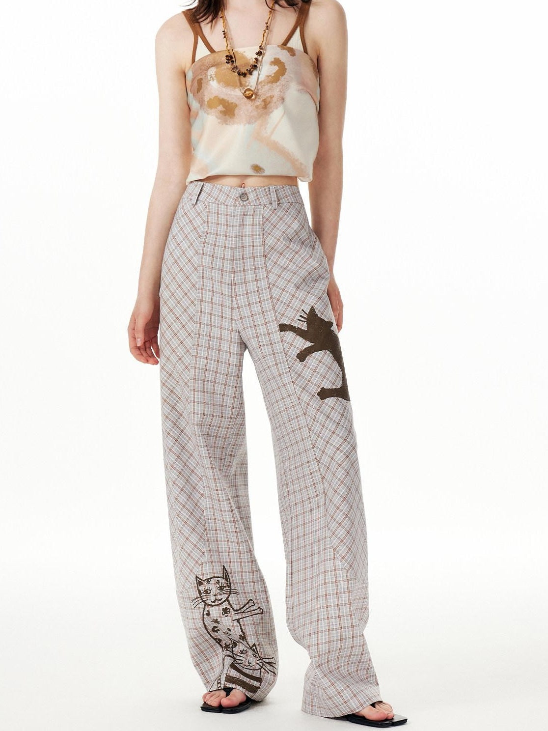 OuttheBlue Asymmetric Plaid Curved Leg Relaxed Pockets Button Fly Womens Polyester Pants