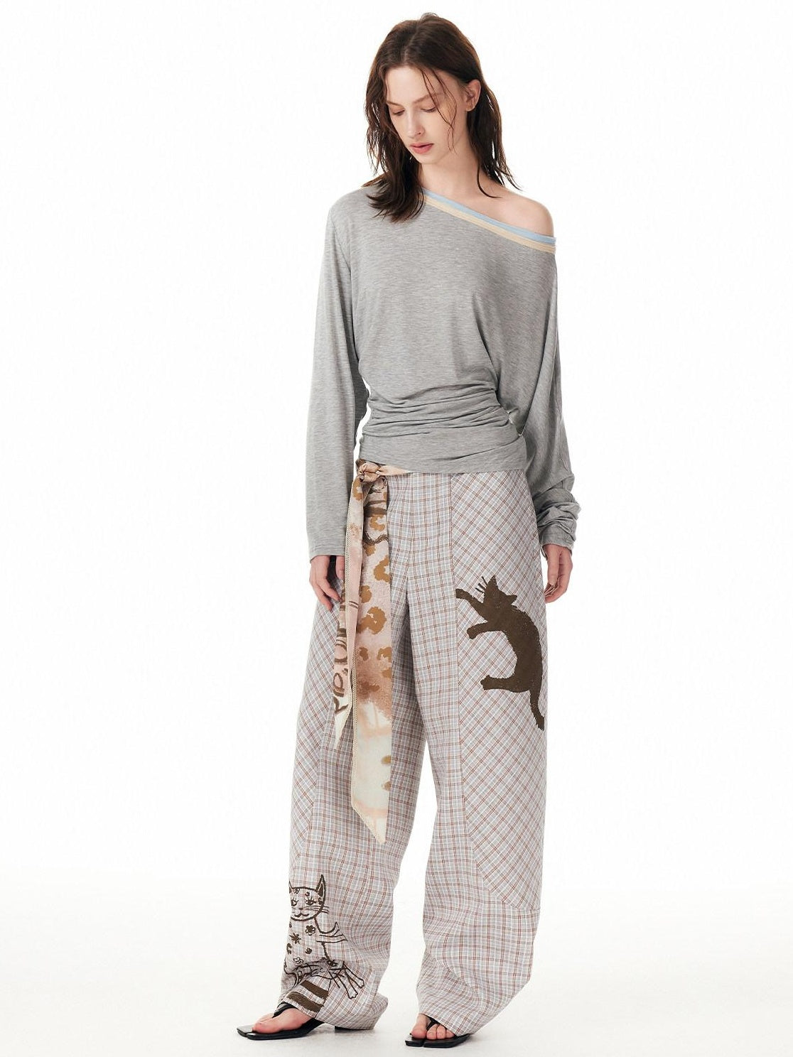 OuttheBlue Asymmetric Plaid Curved Leg Relaxed Pockets Button Fly Womens Polyester Pants