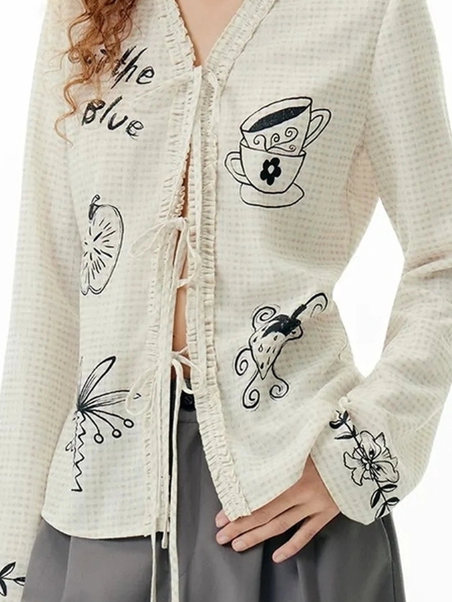 OuttheBlue Autumn Plaid Print Cat Teatime V-neck T-shirt Long Sleeve
