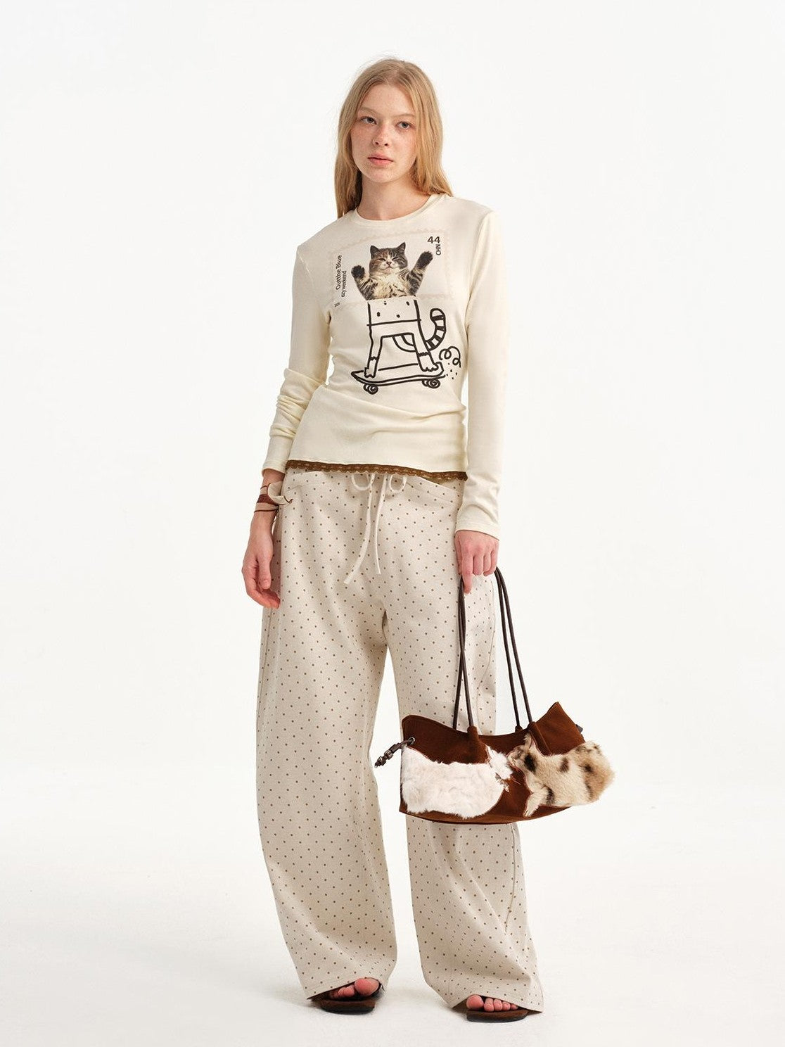 OuttheBlue Beige Polka Dot Ruffle Trim Slim Fit Women&
