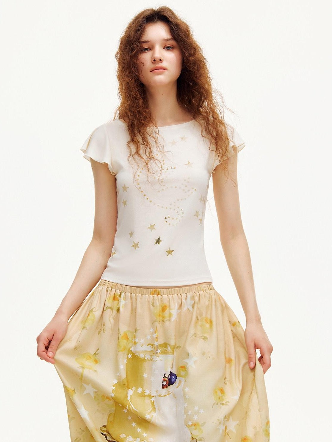 OuttheBlue Beige Star Cat Print Ruffle Sleeve Slim Waist Women&