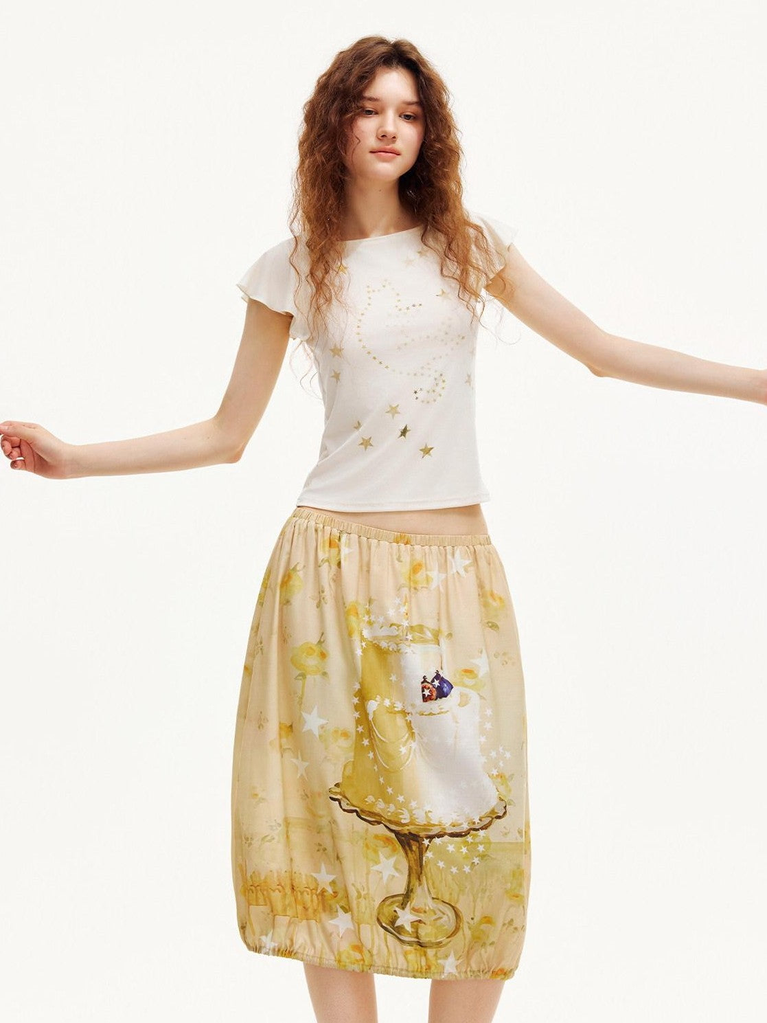 OuttheBlue Beige Star Cat Print Ruffle Sleeve Slim Waist Women&