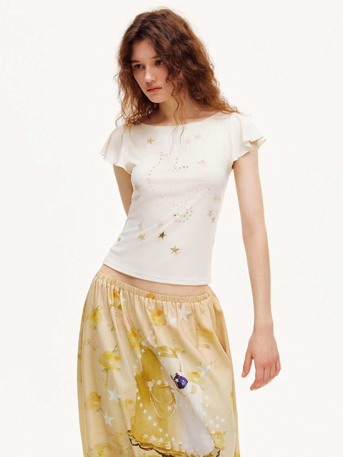 OuttheBlue Beige Star Cat Print Ruffle Sleeve Slim Waist Women&