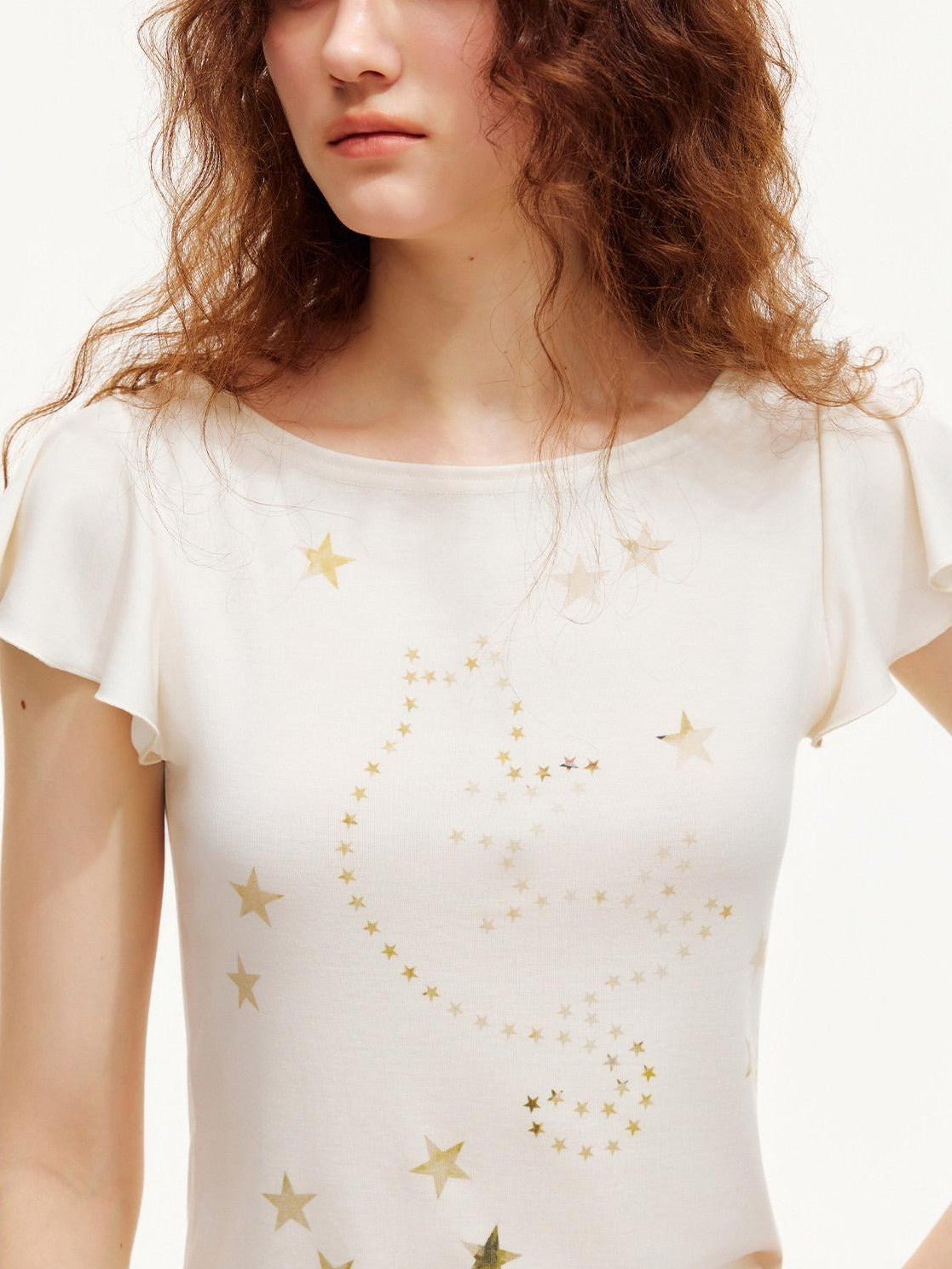 OuttheBlue Beige Star Cat Print Ruffle Sleeve Slim Waist Women&