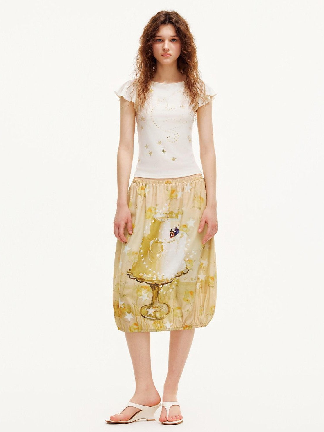 OuttheBlue Beige Star Cat Print Ruffle Sleeve Slim Waist Women&