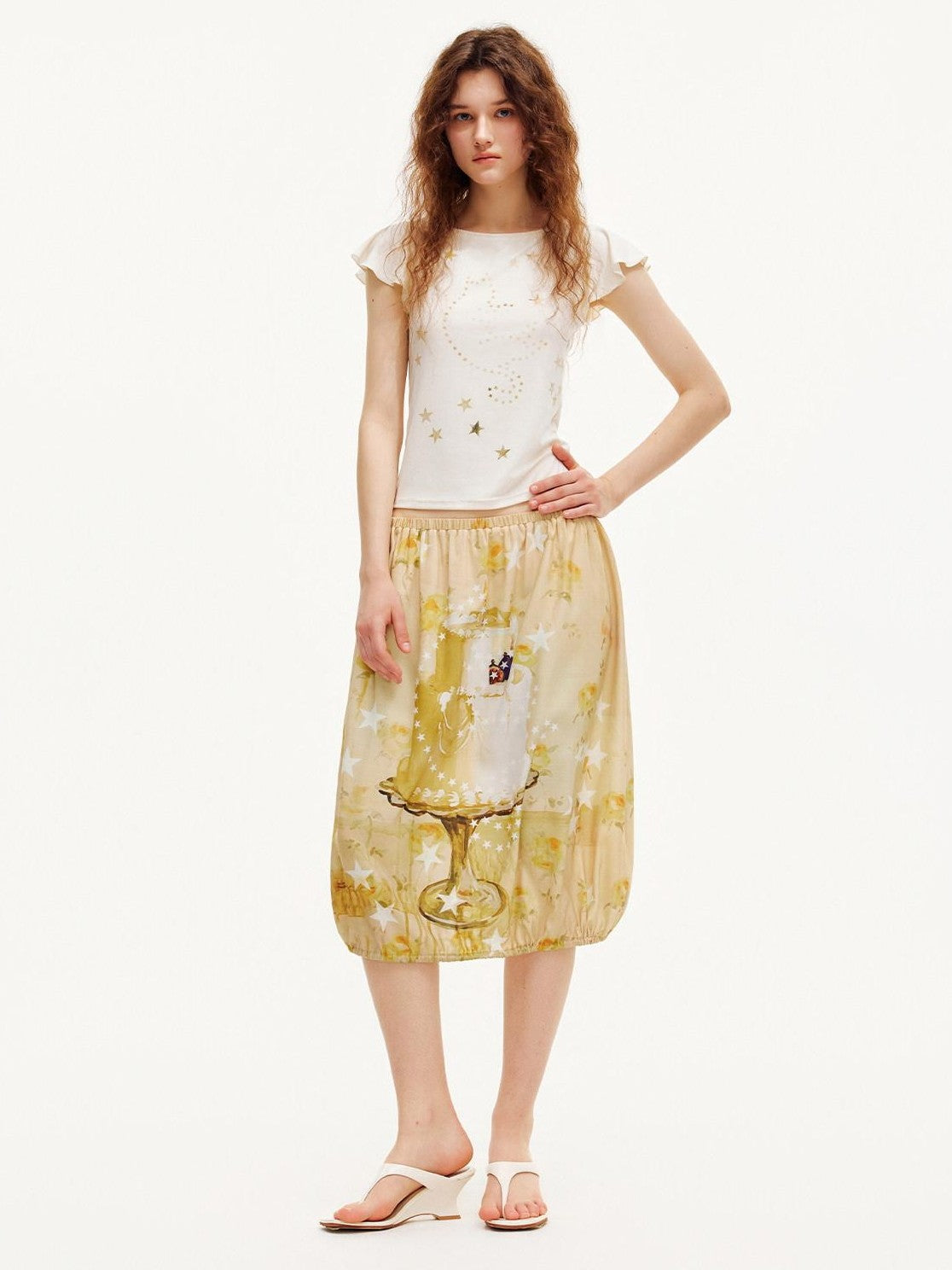 OuttheBlue Beige Star Cat Print Ruffle Sleeve Slim Waist Women&