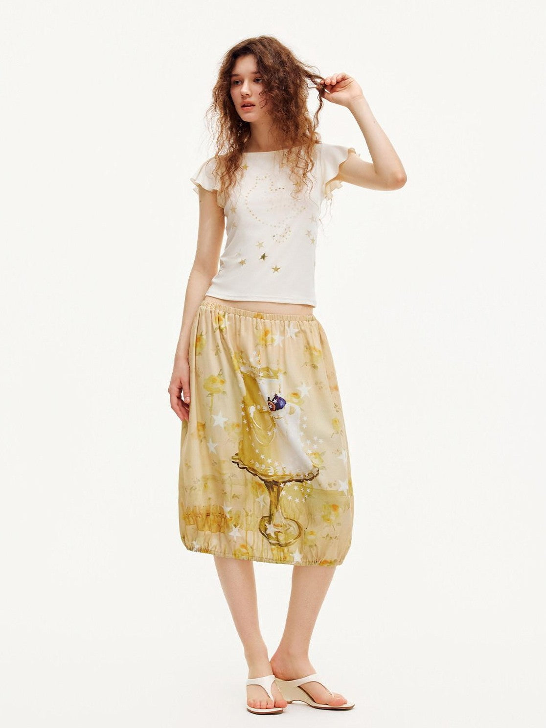 OuttheBlue Beige Star Cat Print Ruffle Sleeve Slim Waist Women&