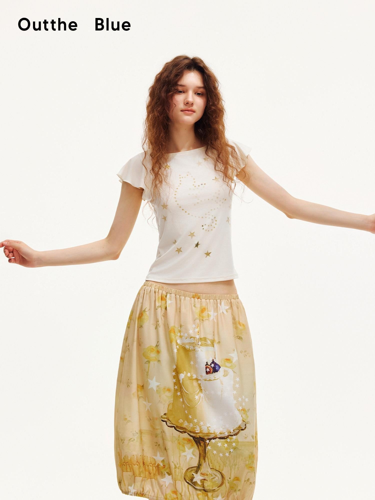 OuttheBlue Beige Star Cat Print Ruffle Sleeve Slim Waist Women&