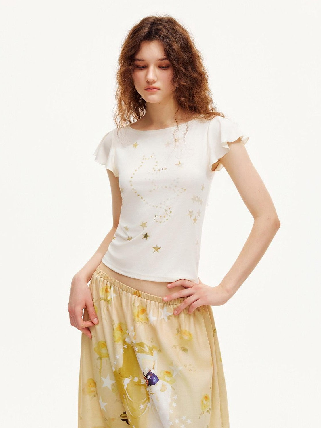 OuttheBlue Beige Star Cat Print Ruffle Sleeve Slim Waist Women&