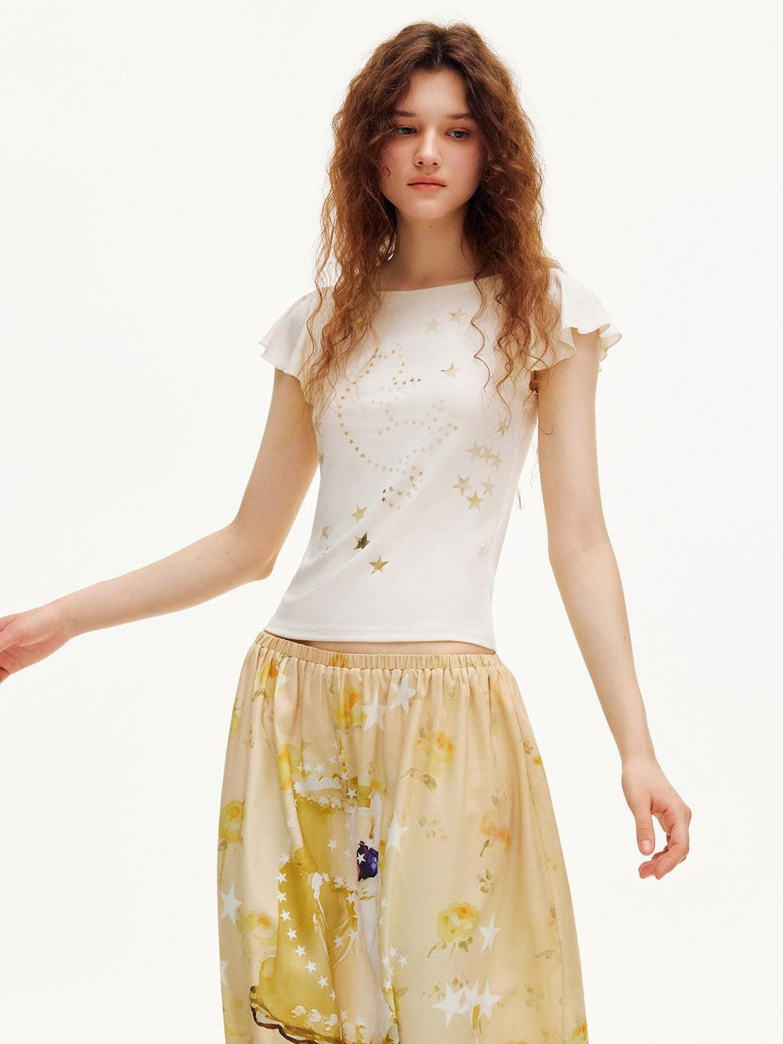 OuttheBlue Beige Star Cat Print Ruffle Sleeve Slim Waist Women&