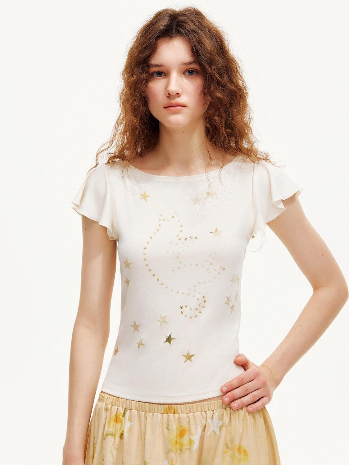 OuttheBlue Beige Star Cat Print Ruffle Sleeve Slim Waist Women&