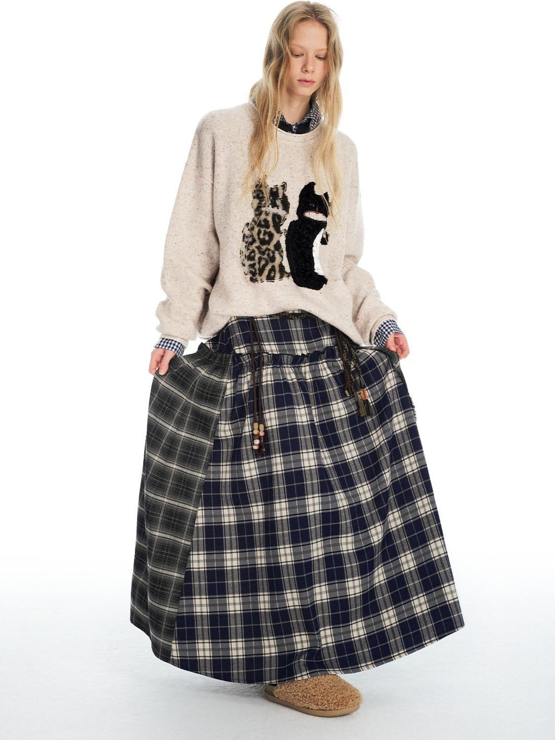 OuttheBlue Belted Plaid A Line Midi Office Chic Polyester Stretch Blue Black Maxi Skirts