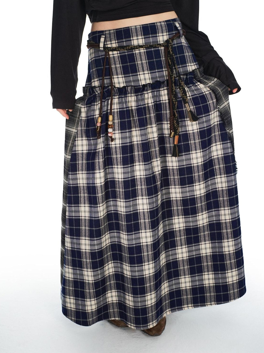 OuttheBlue Belted Plaid A Line Midi Office Chic Polyester Stretch Blue Black Maxi Skirts