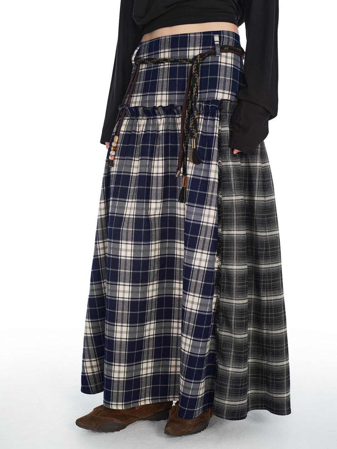 OuttheBlue Belted Plaid A Line Midi Office Chic Polyester Stretch Blue Black Maxi Skirts