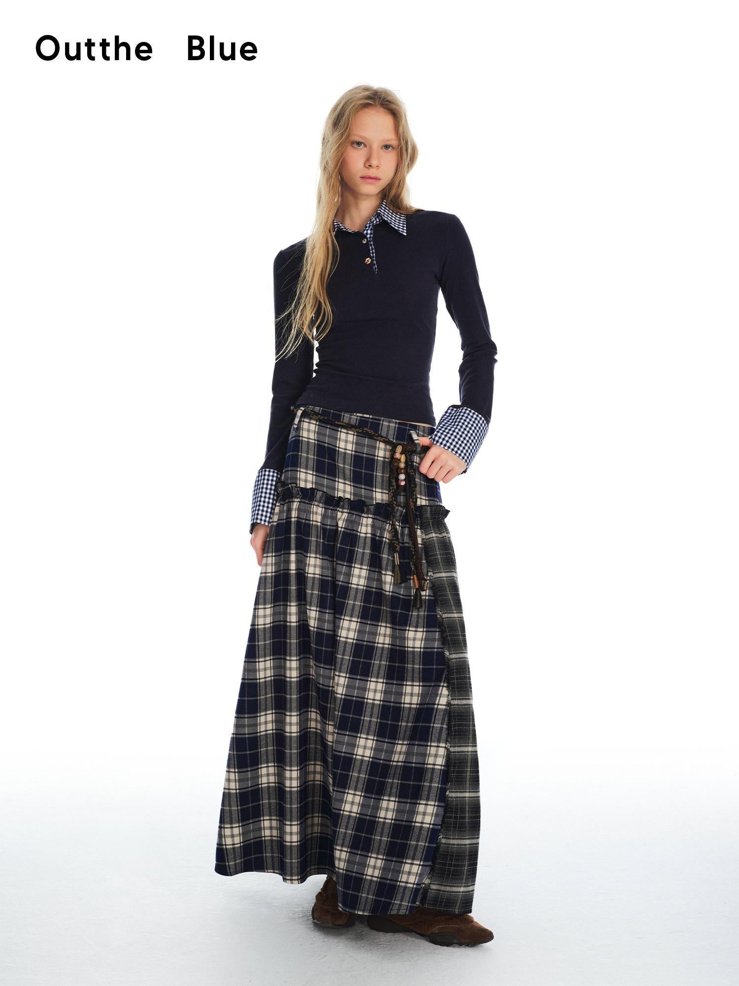 OuttheBlue Belted Plaid A Line Midi Office Chic Polyester Stretch Blue Black Maxi Skirts