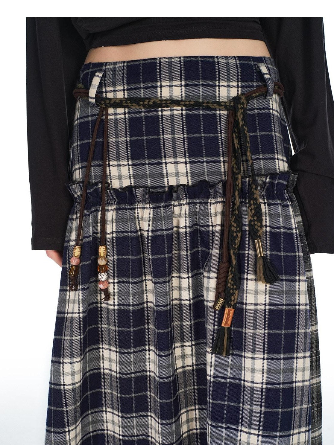 OuttheBlue Belted Plaid A Line Midi Office Chic Polyester Stretch Blue Black Maxi Skirts