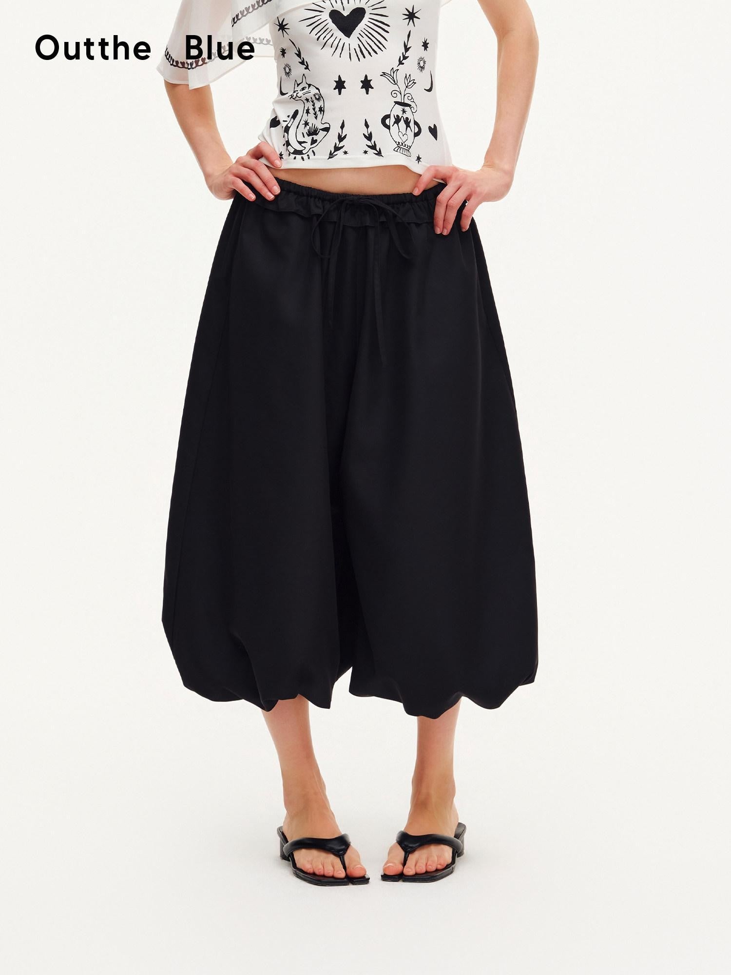 OuttheBlue Black Ruffle Waist Airy Cropped Lantern Women&
