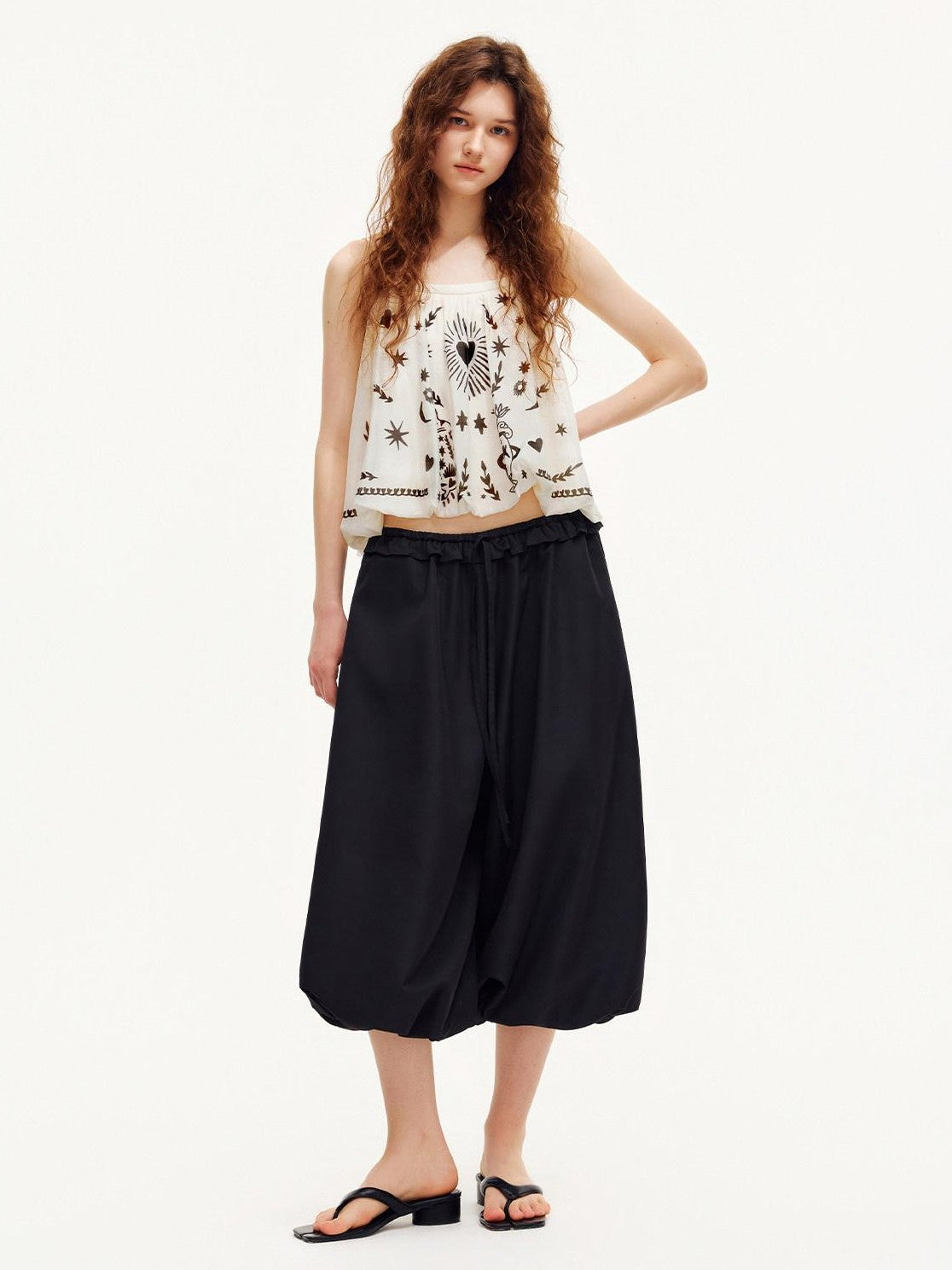 OuttheBlue Black Ruffle Waist Airy Cropped Lantern Women&